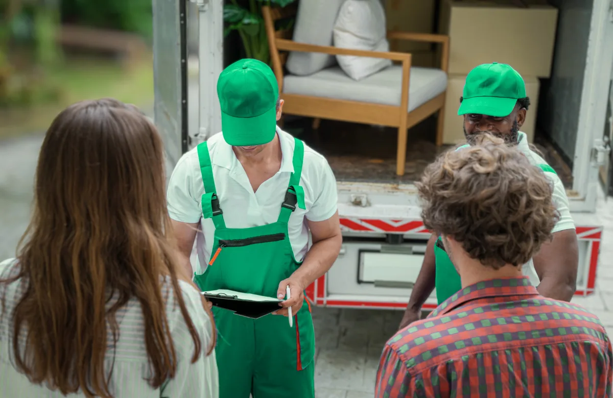 Two moving or delivery workers in green uniforms discuss plans with customers inside a home.